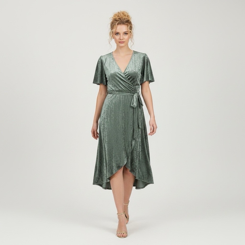 Baltic Born Metallic Sage Green Wrap Midi Dress